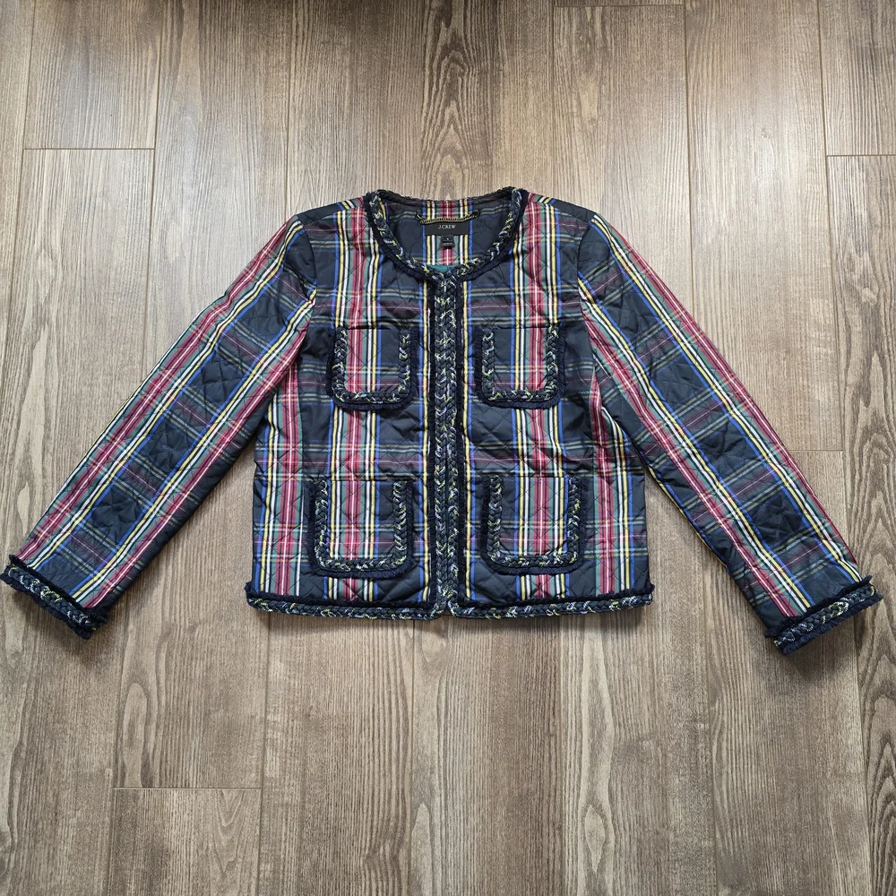 J.Crew Short Jacket Womens 8 Black Plaid Stewart Tartan Quilted Preppy Academia